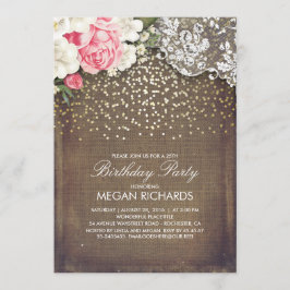 Invitación Fiesta Rustic Burlap Floral Lace Gold Birday