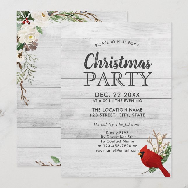 Invitación Fiesta Rustic Red Bird Holly Wood (Anverso / Reverso)