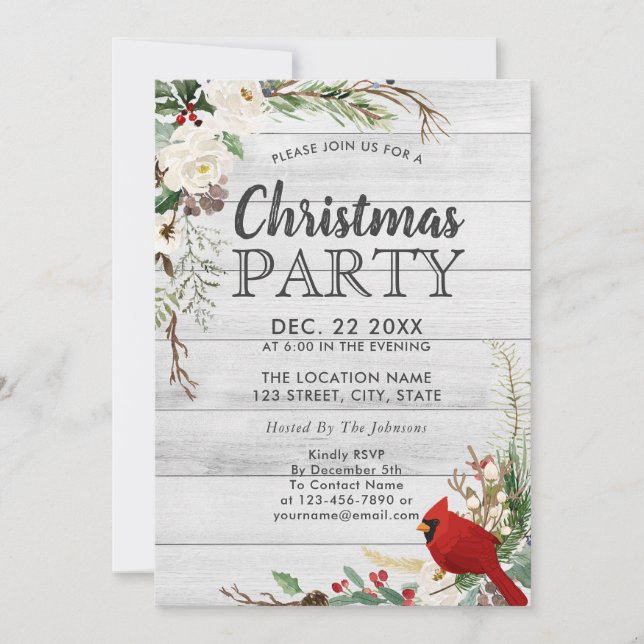 Invitación Fiesta Rustic Red Bird Invierno Greenery Wood (Anverso)