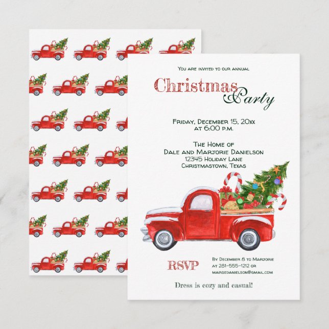 Invitación Fiesta Rustic Vintage Red Truck w Tree (Anverso / Reverso)