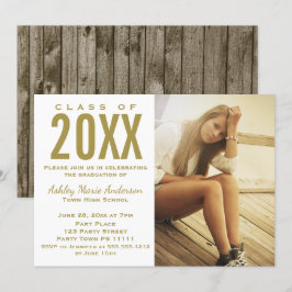 Invitación Fiesta Rustic Wood Gold de graduación con foto