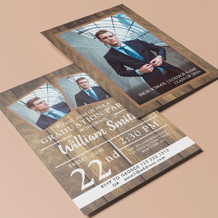 Invitación Fiesta Rústica De Graduación De Madera Con 3 Fotos