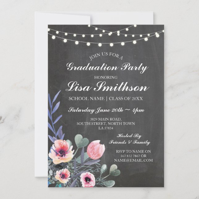 Invitación Fiesta Rustica de Graduación Pastas Flores Rosa In (Anverso)