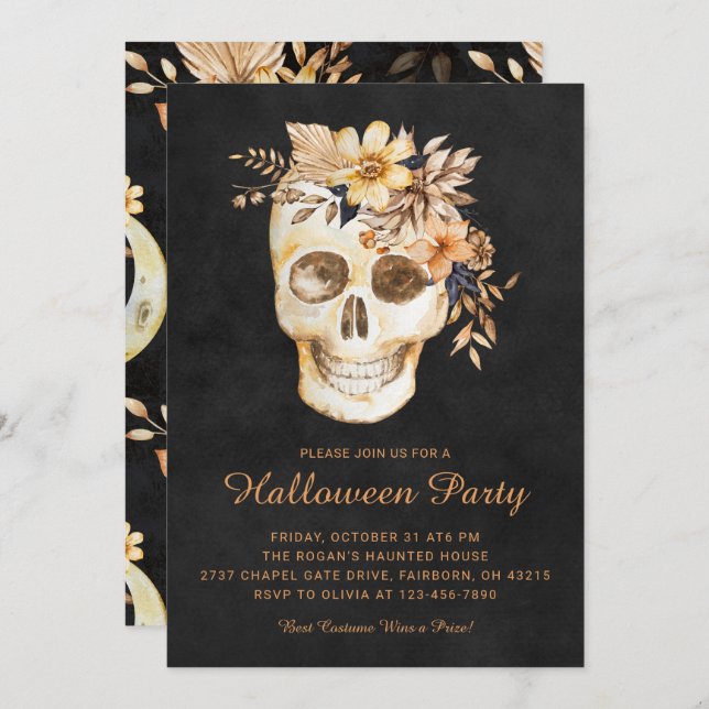 Invitación Fiesta Rustica Floral Skull Halloween (Anverso / Reverso)