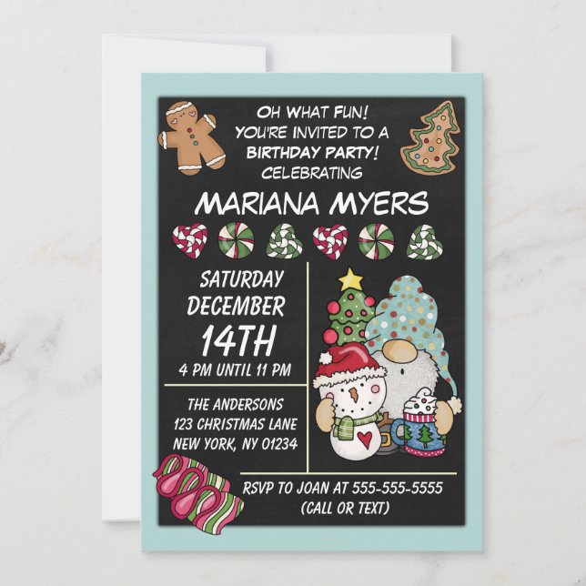 Invitación Fiesta Rústica Gnome Navidad Cumpleaños (Anverso)