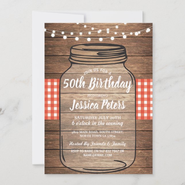 Invitación Fiesta Rustica Jar Birthday Wood Red Gingham (Anverso)