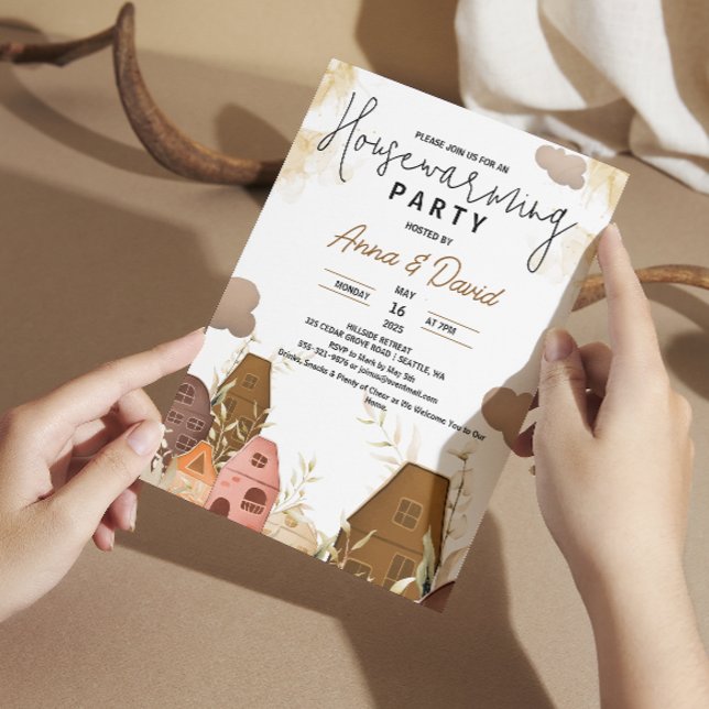 Invitación Fiesta Rústico de Dibujo a Mano Calentador de Hoga (Rustic Hand Drawing Housewarming Party Invitation farmhouse country watercolor brown chic towns )