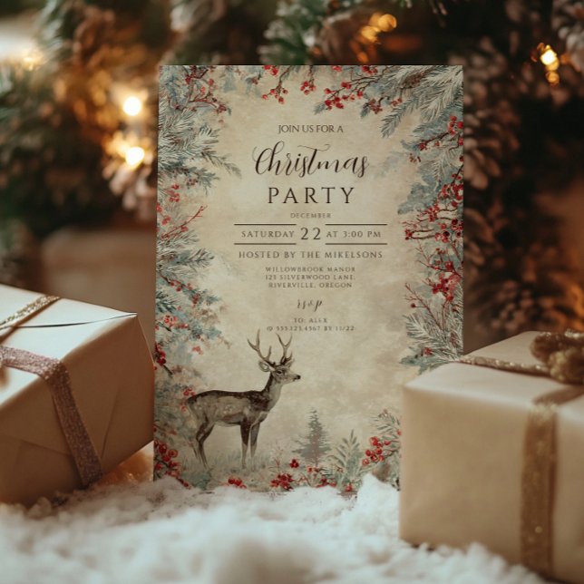 Invitación Fiesta Rústico de Navidades de Deer Pine Berry (Subido por el creador)