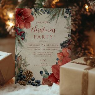 Invitación Fiesta Rústico de Navidades del Amaryllis Rojo