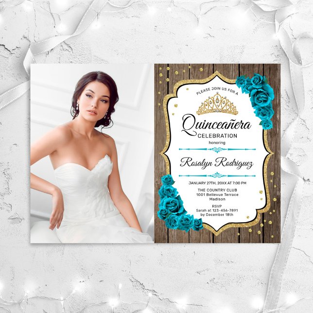 Invitación Fiesta Rústico De Quinceanera Con Foto - Verde azu (Subido por el creador)