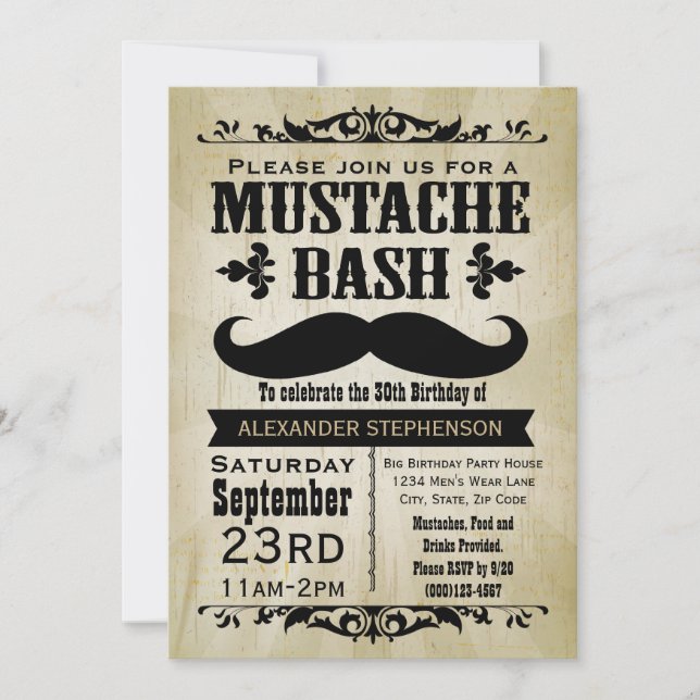 Invitación Fiesta Rústico Vintage Mustache Bash (Anverso)