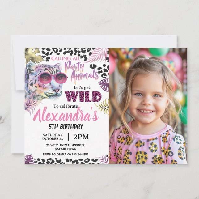 Invitación Fiesta Safari Animales foto impresa en leopardo de (Anverso)