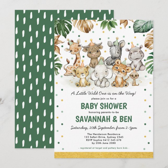 Invitación Fiesta Safari Animales Jungla Tropical Baby Shower (Anverso / Reverso)