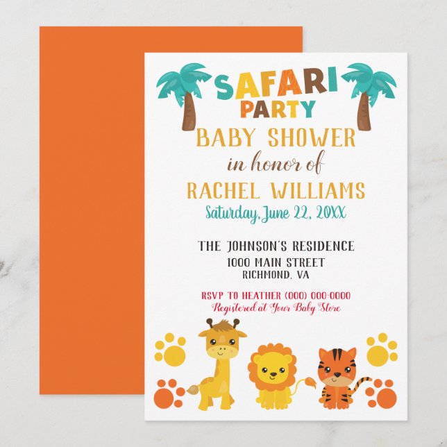 Invitación Fiesta Safari Baby Shower neutral de género (Anverso / Reverso)