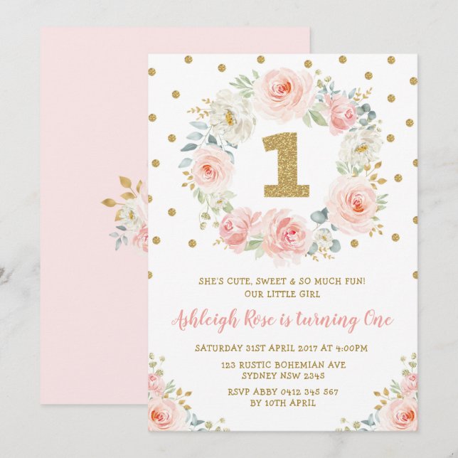 Invitación Fiesta salvaje cumpleaños floral rosado del oro de (Anverso / Reverso)