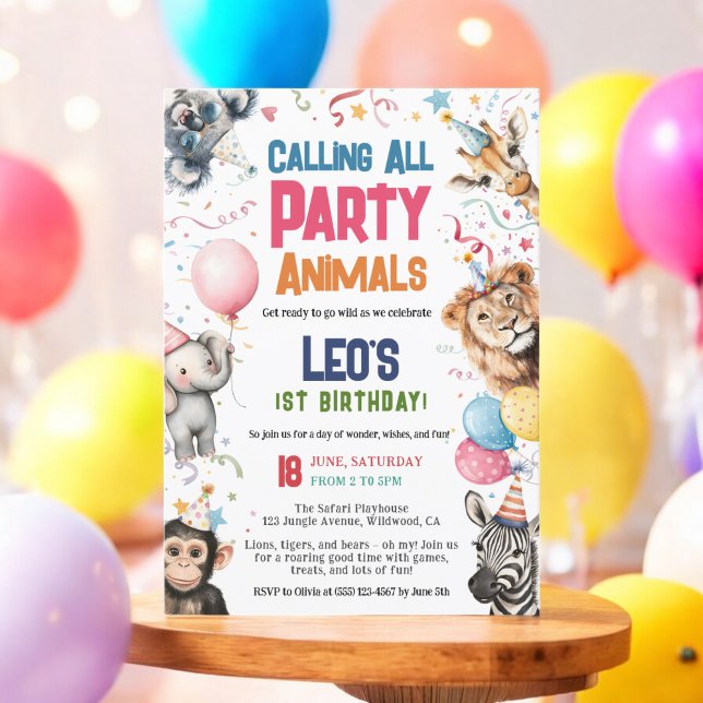 Invitación Fiesta salvaje llama a todos los animales Safari d (Wild Party Calling All Animals 1st Birthday Safari Invitation)