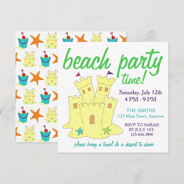 Invitación Fiesta Sandcastle Starfish (Anverso / Reverso)