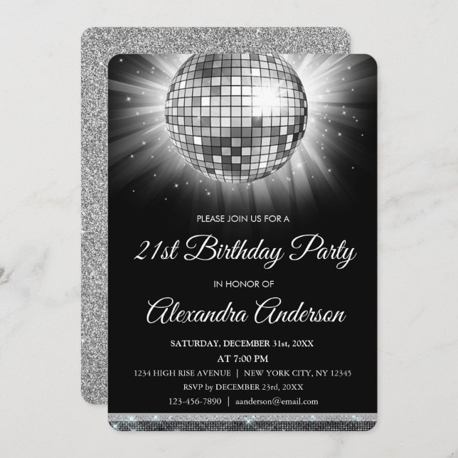 Invitación Fiesta Silver 21st Birthday Disco Ball - Fiesta de (Anverso / Reverso)