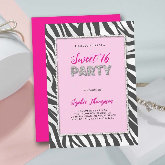 Invitación Fiesta silvestre Zebra Imprimir marco Diamante de  (sweet 16 party invitation wild animal zebra print hot pink rhinestone frame elegant girly classy)