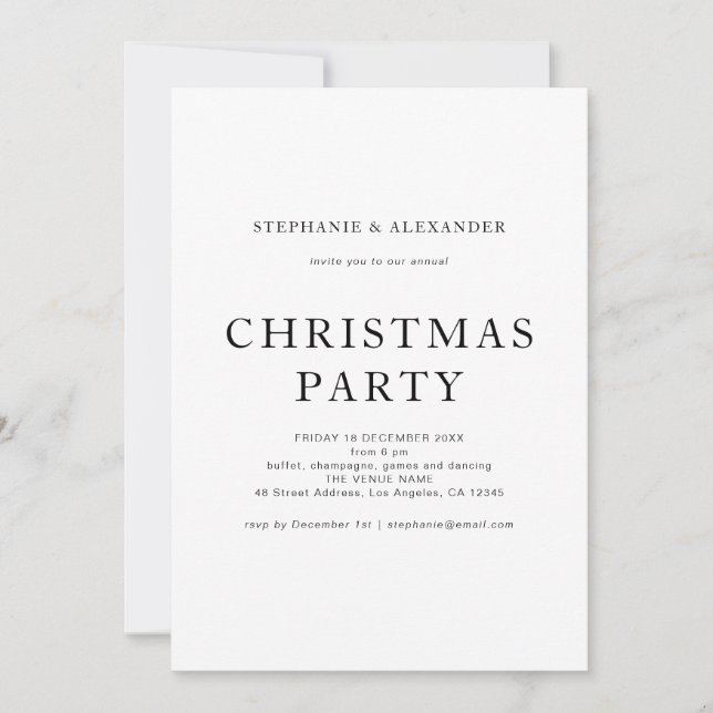 Invitación Fiesta simple de Navidades blancos negros (Anverso)