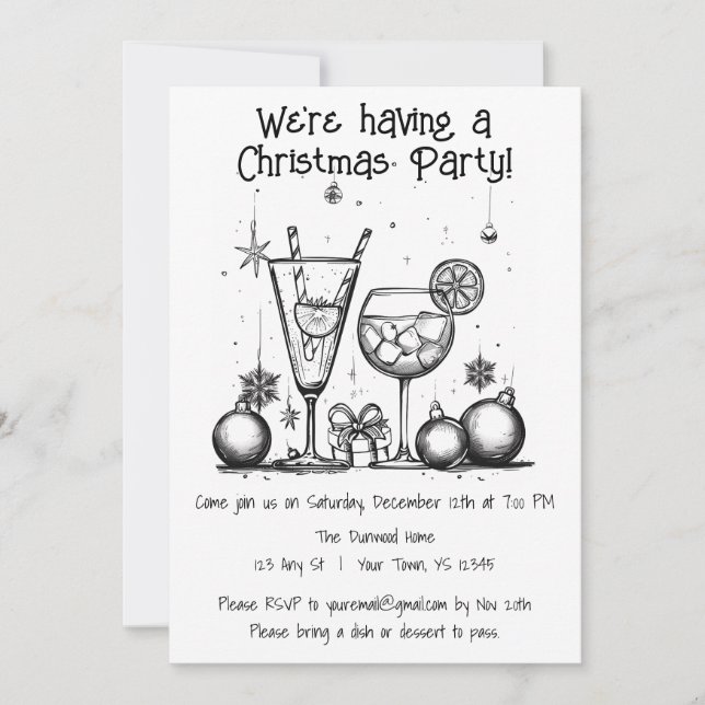 Invitación Fiesta simple de Navidades blancos y negros (Anverso)