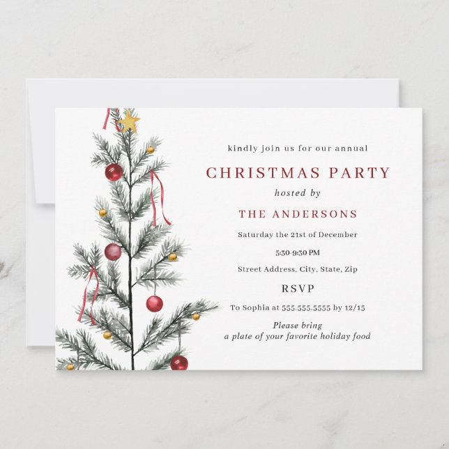 Invitación Fiesta simple de Navidades de árbol tradicional (Anverso)
