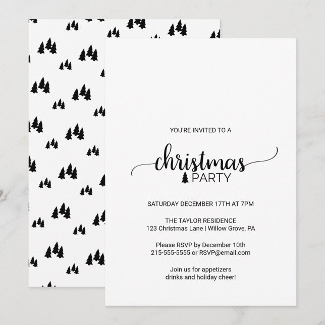 Invitación Fiesta simple de Navidades de caligrafía blanca y  (Anverso / Reverso)