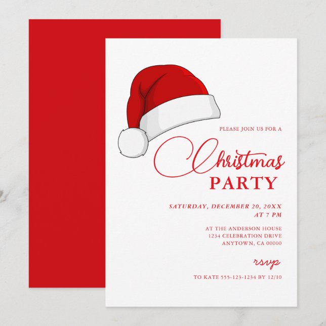 Invitación Fiesta simple de Navidades de guión de Santa Hat (Anverso / Reverso)