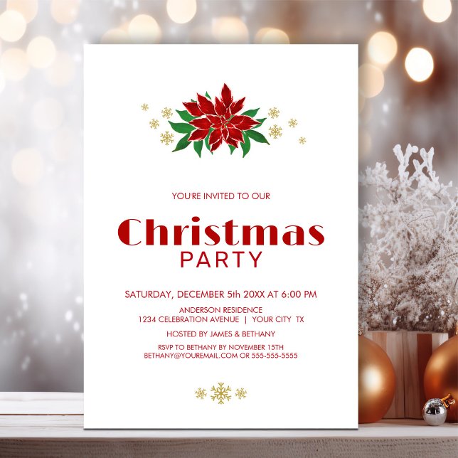 Invitación Fiesta simple de Navidades de Poinsettia Roja (Subido por el creador)