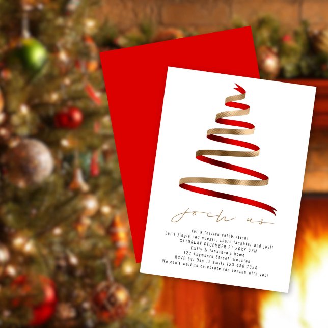 Invitación Fiesta simple de Navidades rojos de oro (Front and back view)