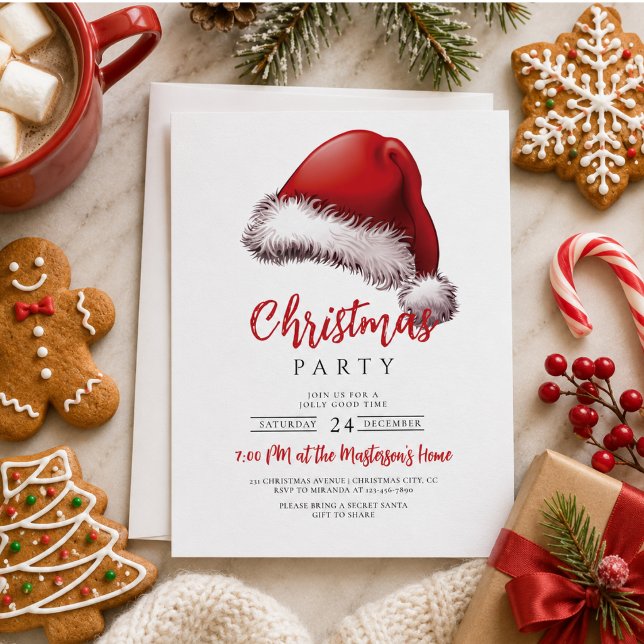 Invitación Fiesta Simple Gorro de Santa Navidad (Simple Festive Santa Hat Christmas Party Invitation)