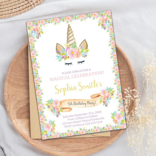 Invitación Fiesta sincera y elegante (Floral Unicorn Invitations)