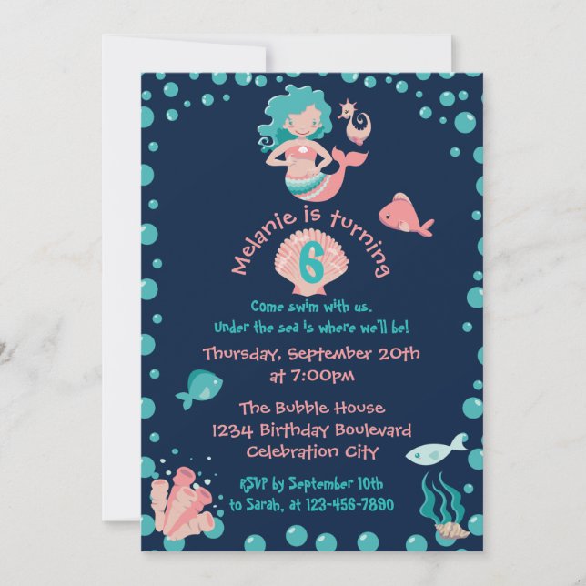 Invitación Fiesta Sirena| Chica 6a fiesta de cumpleaños (Anverso)