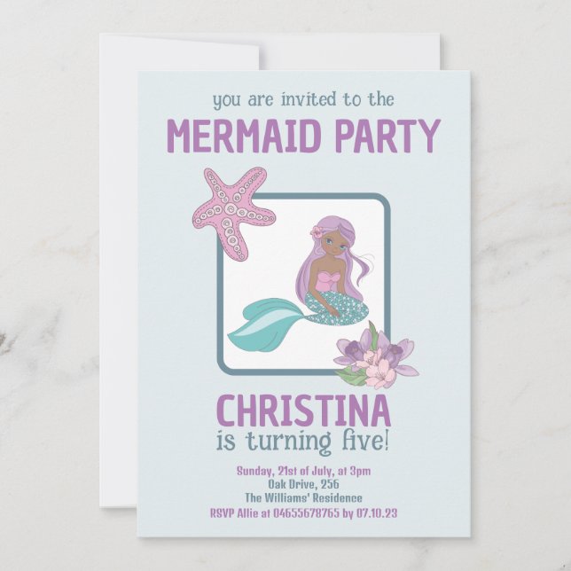 Invitación Fiesta Sirena Chica Negro Cumpleaños Morado Verde  (Anverso)