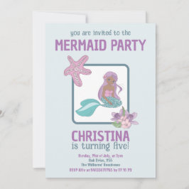 Invitación Fiesta Sirena Chica Negro Cumpleaños Morado Verde 