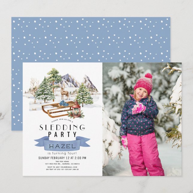 Invitación Fiesta Sledding Winter Mountains Foto de cumpleaño (Anverso / Reverso)
