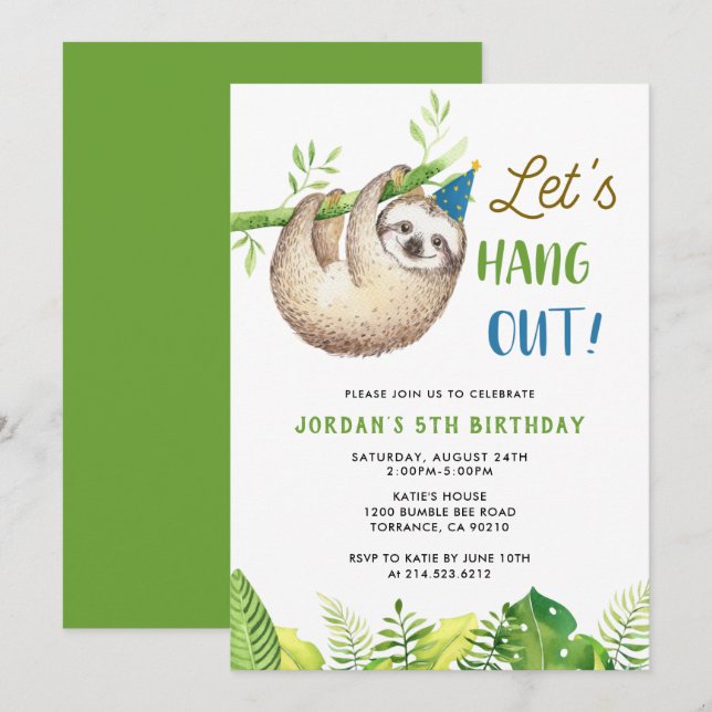 Invitación Fiesta Sloth | Fiesta de cumpleaños de Sloth Boy (Anverso / Reverso)