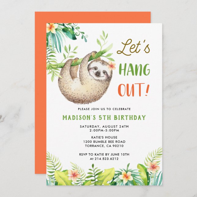 Invitación Fiesta Sloth | Partido de cumpleaños del Chica Han (Anverso / Reverso)