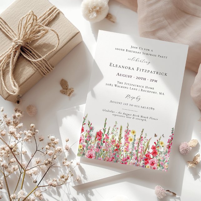 Invitación Fiesta SORPRESA 100 cumpleaños agosto flor de part (Subido por el creador)