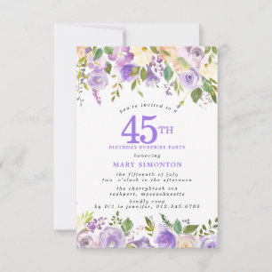 Invitación FIESTA SORPRESA 45 Cumpleaños Hermoso Floral Púrpu