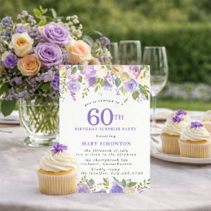 Invitación FIESTA SORPRESA 60 Cumpleaños Hermoso Floral Púrpu