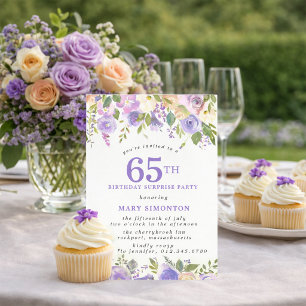 Invitación FIESTA SORPRESA 65 Cumpleaños Hermosa Floral Púrpu
