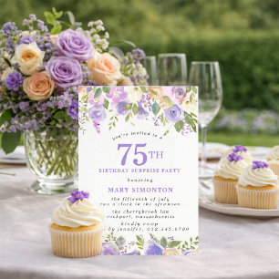 Invitación FIESTA SORPRESA 75 Cumpleaños Hermoso Floral Púrpu