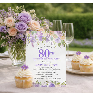 Invitación FIESTA SORPRESA 80 Cumpleaños Hermosa Floral Púrpu
