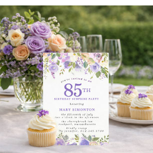 Invitación FIESTA SORPRESA 85 Cumpleaños Hermosa Floral Púrpu