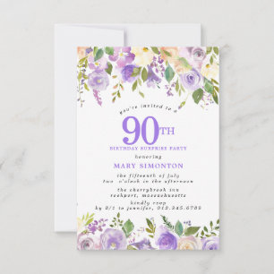 Invitación FIESTA SORPRESA 90 Cumpleaños Hermosa Floral Púrpu