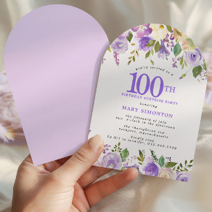 Invitación FIESTA SORPRESA Arco floral púrpura cumpleaños núm