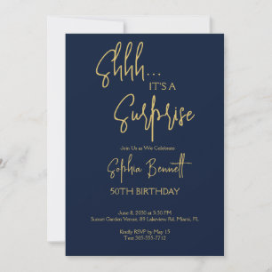 Invitación Fiesta sorpresa azul naval dorado 50 cumpleaños 