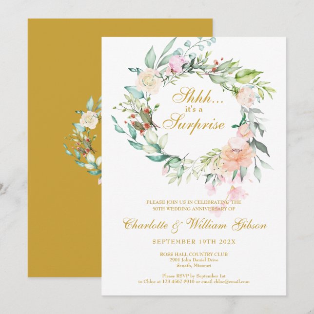 Invitación Fiesta sorpresa Bodas de oro Flores (Anverso / Reverso)
