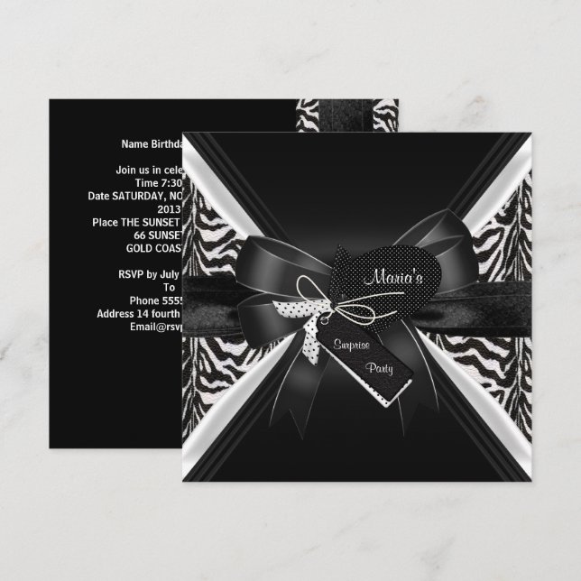 Invitación Fiesta Sorpresa Cebra Negro Blanco Lazo (Anverso / Reverso)